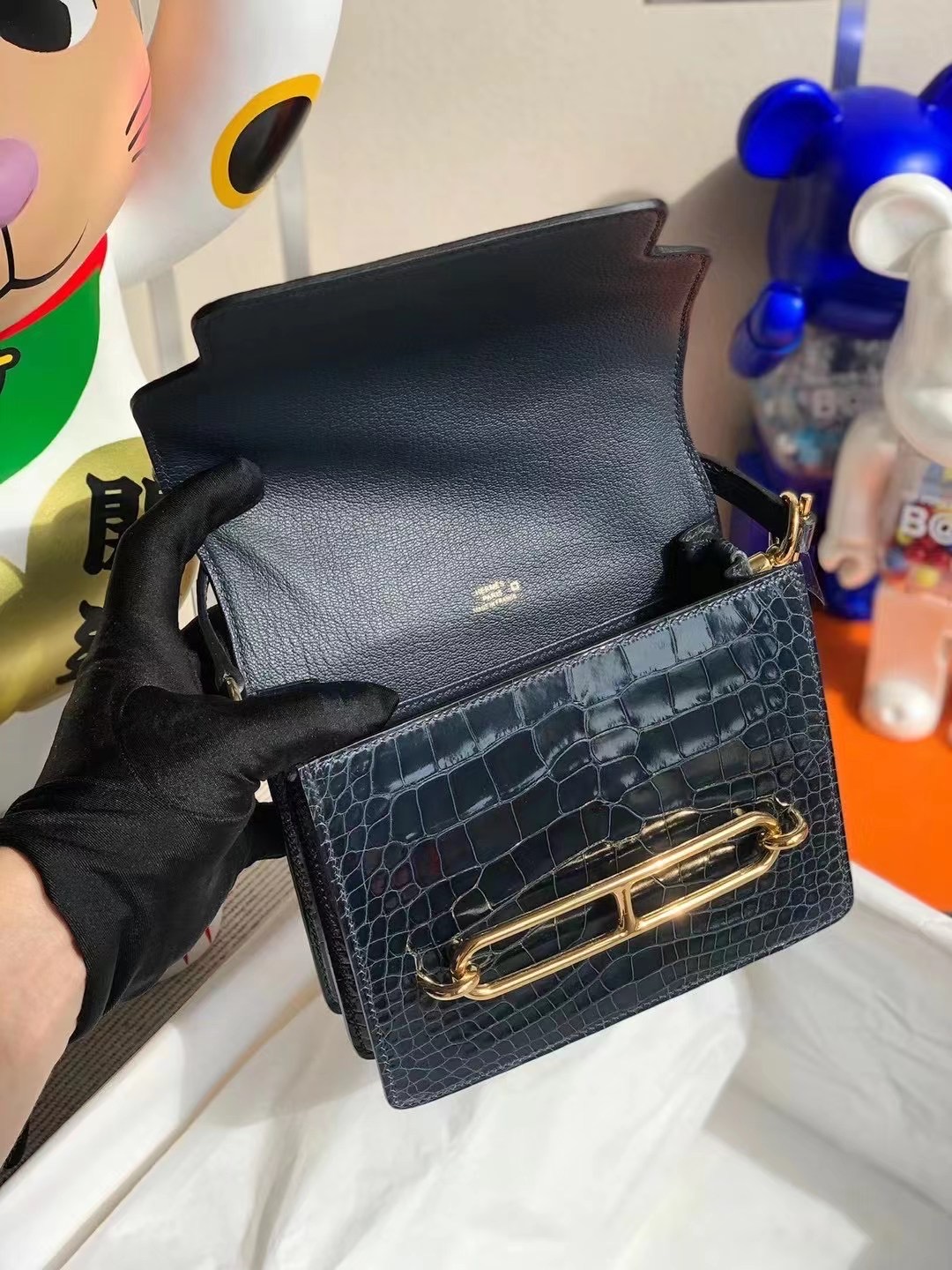 Hermes Roulis Mini 7L Blue de 馬耳他藍拼76 blue indgo深海藍金扣