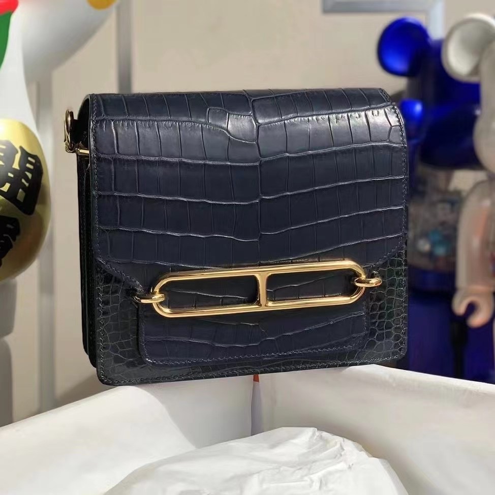 Hermes Roulis Mini 7L Blue de 馬耳他藍拼76 blue indgo深海藍金扣