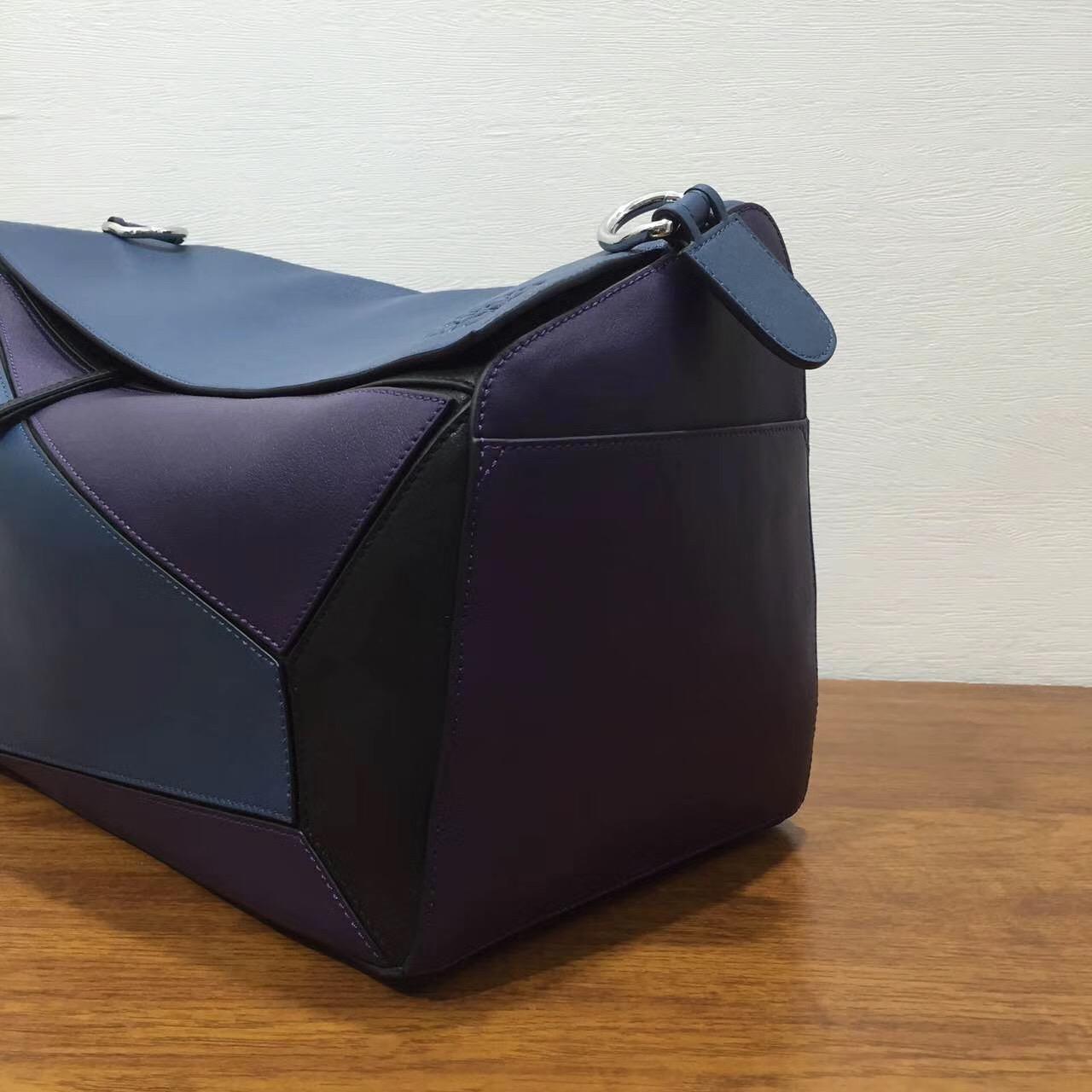 LOEWE 特大號 Puzzle Bag  拼色深蓝色38cm長方體形狀 折疊幾何包
