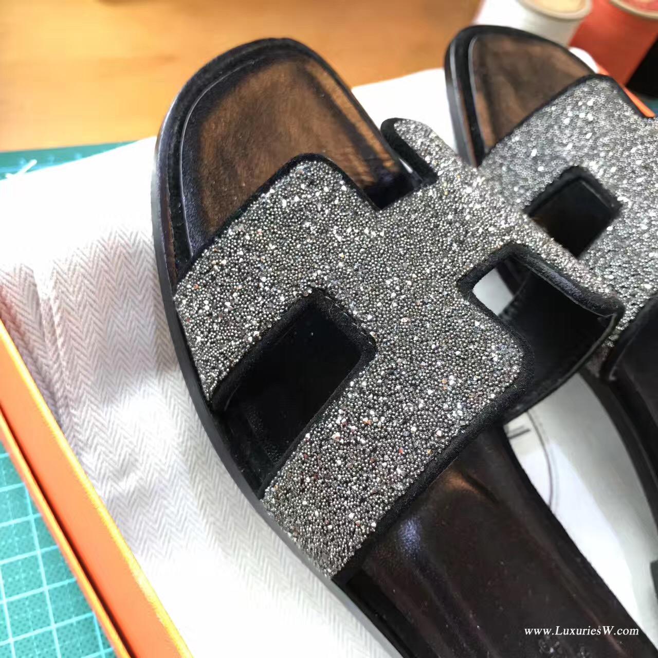 愛馬仕Hermes 經典款女士涼鞋 H型拖鞋 黑色鉆 亮晶晶中跟 平底涼拖鞋