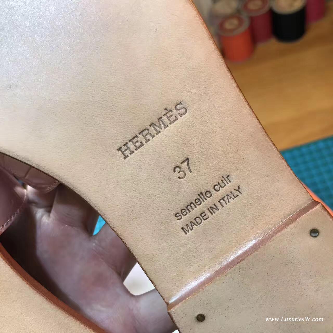 愛馬仕Hermes 女士涼鞋 H型拖鞋 鱷魚霧面珠光粉色平底涼拖鞋