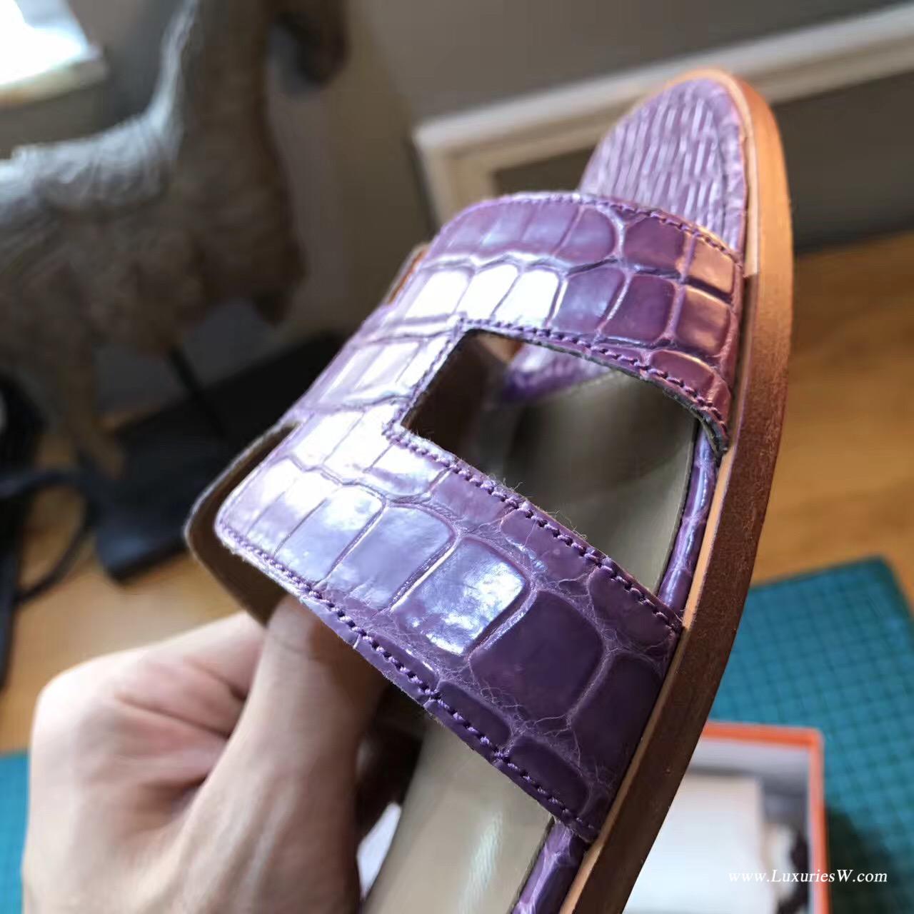 愛馬仕Hermes女士涼鞋 H型拖鞋鱷魚光面CK59 Raisin 葡萄紫色平底涼拖鞋