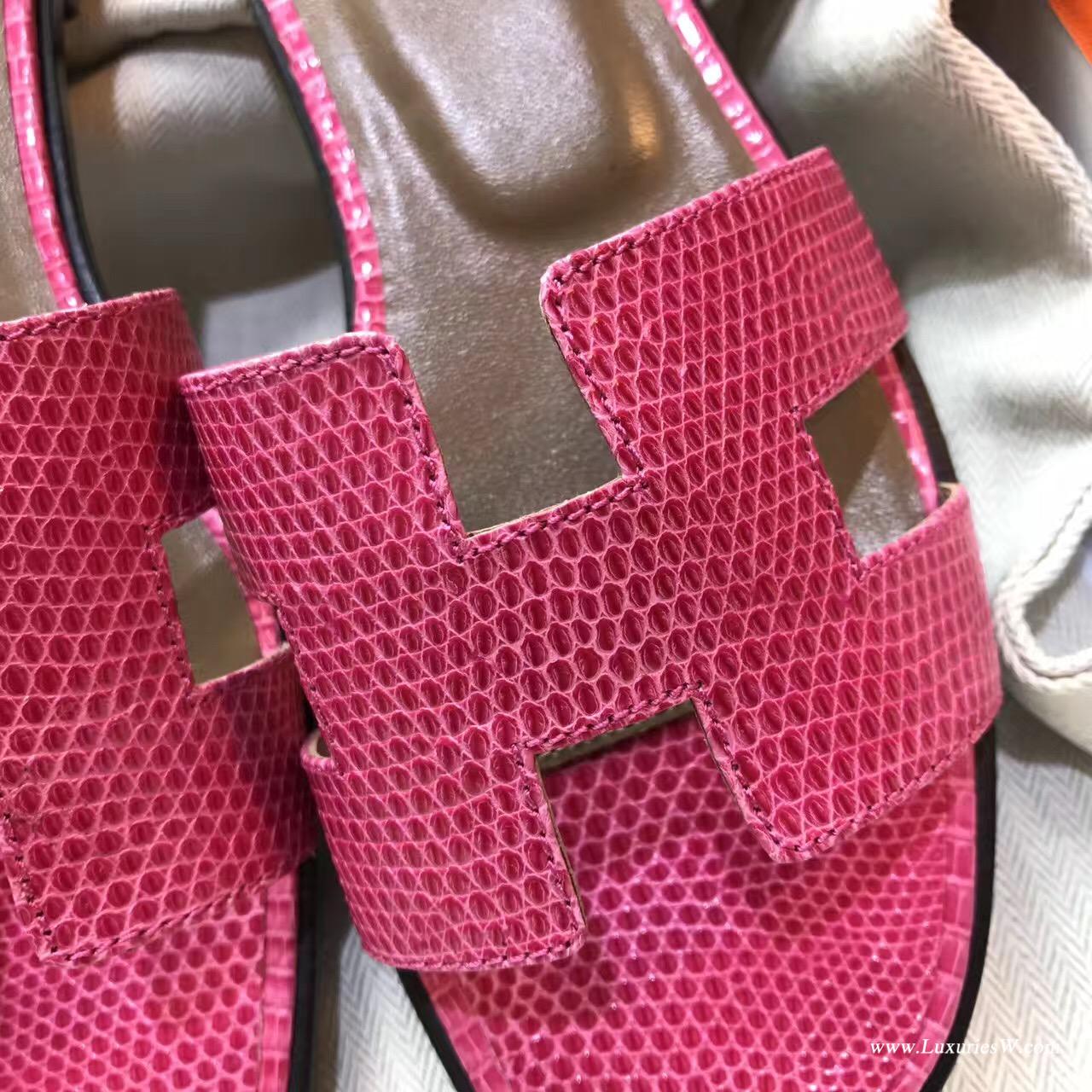 Hermes女士涼鞋 H型拖鞋蜥蜴皮 E5 Rose Tyrien糖果粉色 中跟 平底涼拖鞋