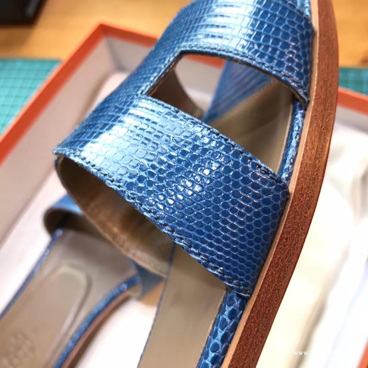 愛馬仕Hermes女士涼鞋 H型拖鞋蜥蜴皮 7C Cobalt珊瑚藍 平底涼拖鞋