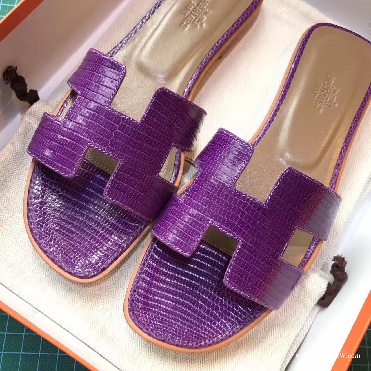 愛馬仕Hermes女士涼鞋 H型拖鞋蜥蜴皮9W Crocus 夢幻紫色平底涼拖鞋