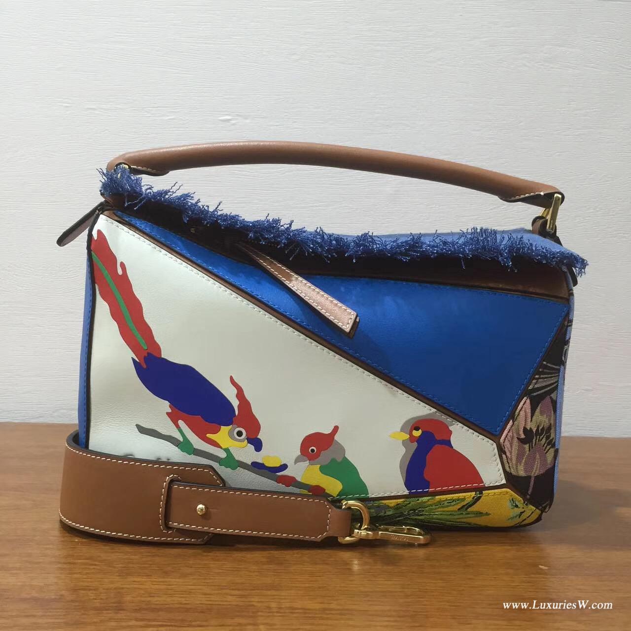 羅意威官網女包LOEWE 中號 Puzzle Bag 花鸟图 30cm 折疊單肩手提幾何包