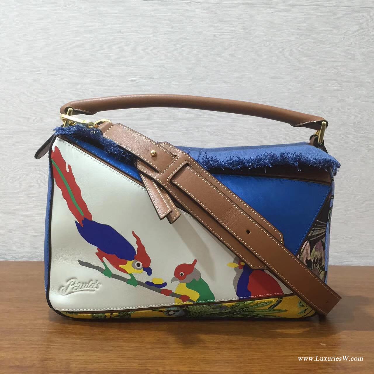 羅意威官網女包LOEWE 中號 Puzzle Bag 花鸟图 30cm 折疊單肩手提幾何包