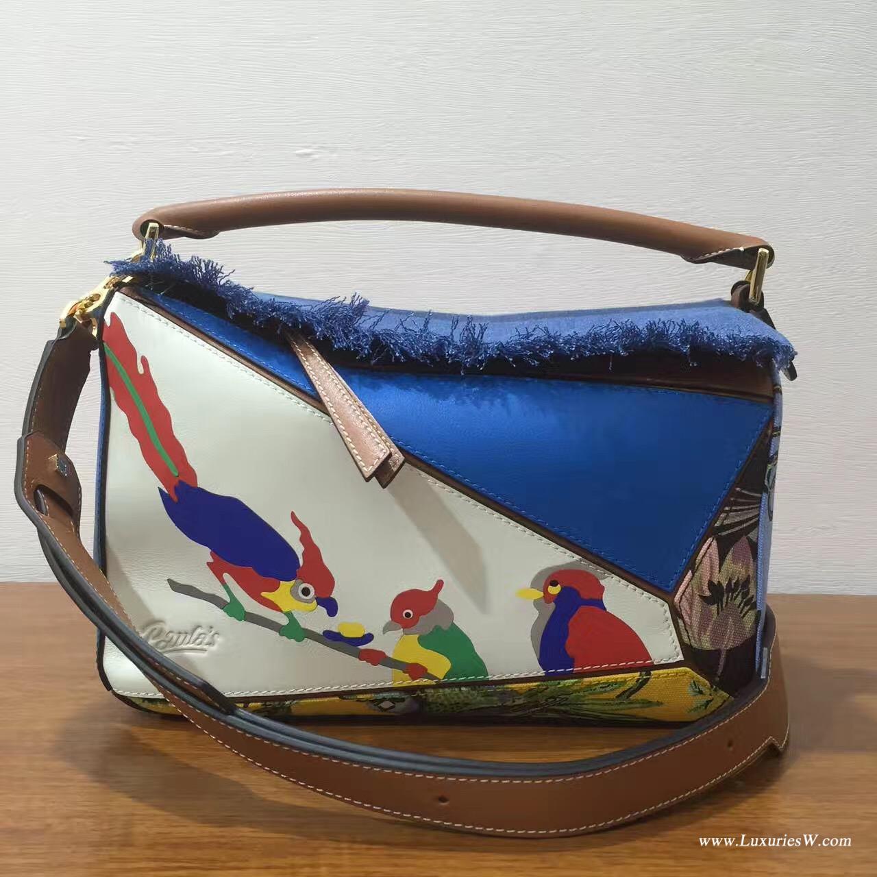 羅意威官網女包LOEWE 中號 Puzzle Bag 花鸟图 30cm 折疊單肩手提幾何包