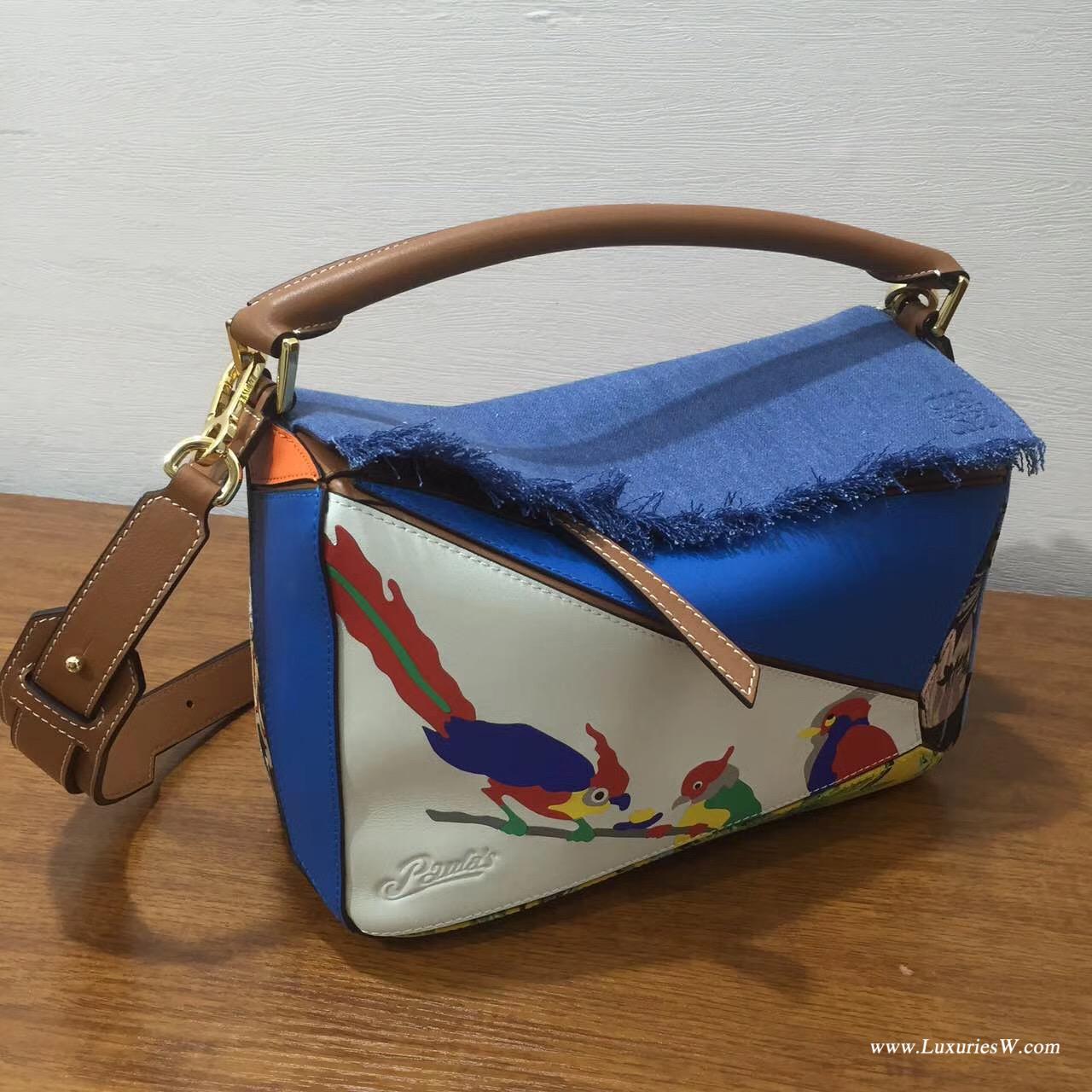 羅意威官網女包LOEWE 中號 Puzzle Bag 花鸟图 30cm 折疊單肩手提幾何包