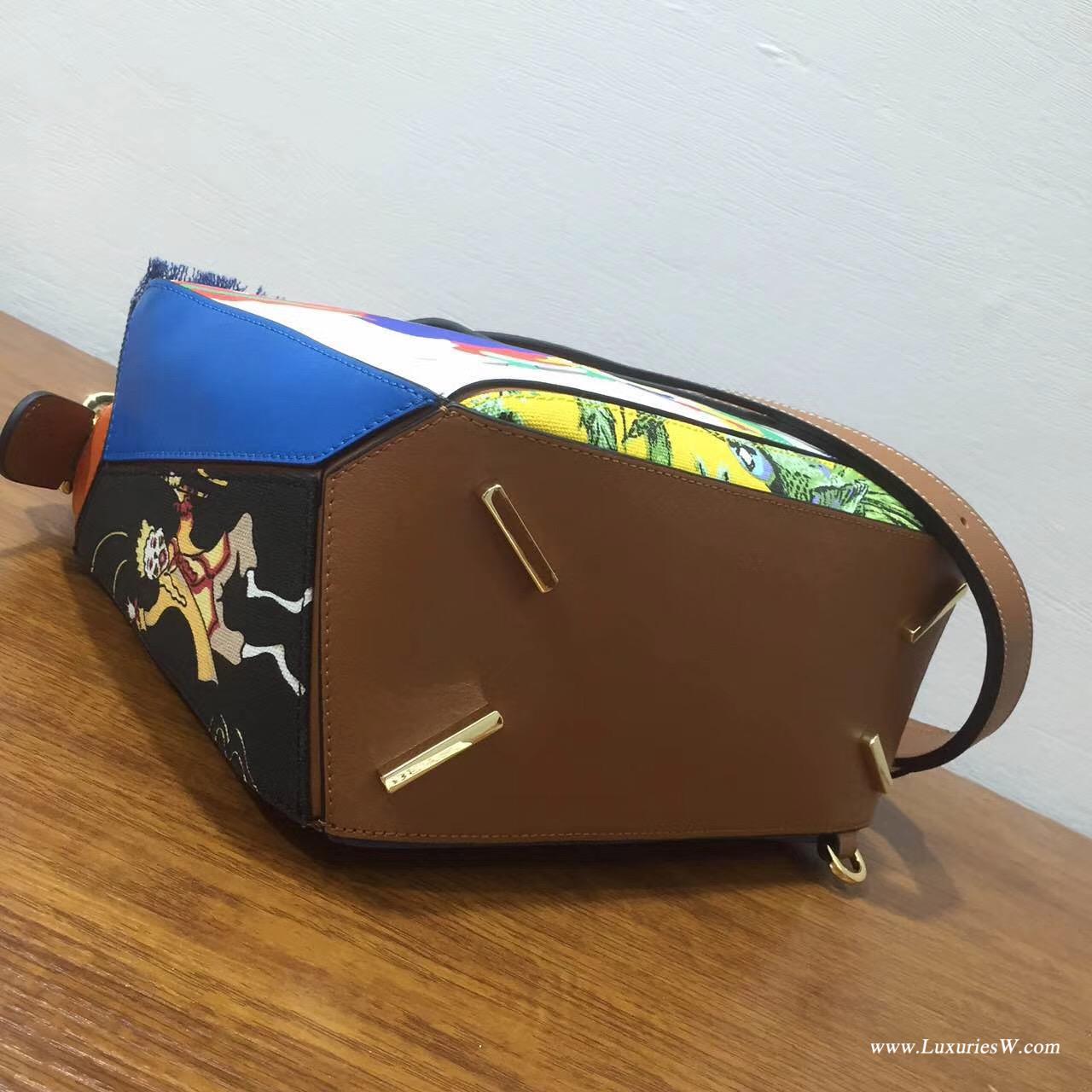 羅意威官網女包LOEWE 中號 Puzzle Bag 花鸟图 30cm 折疊單肩手提幾何包