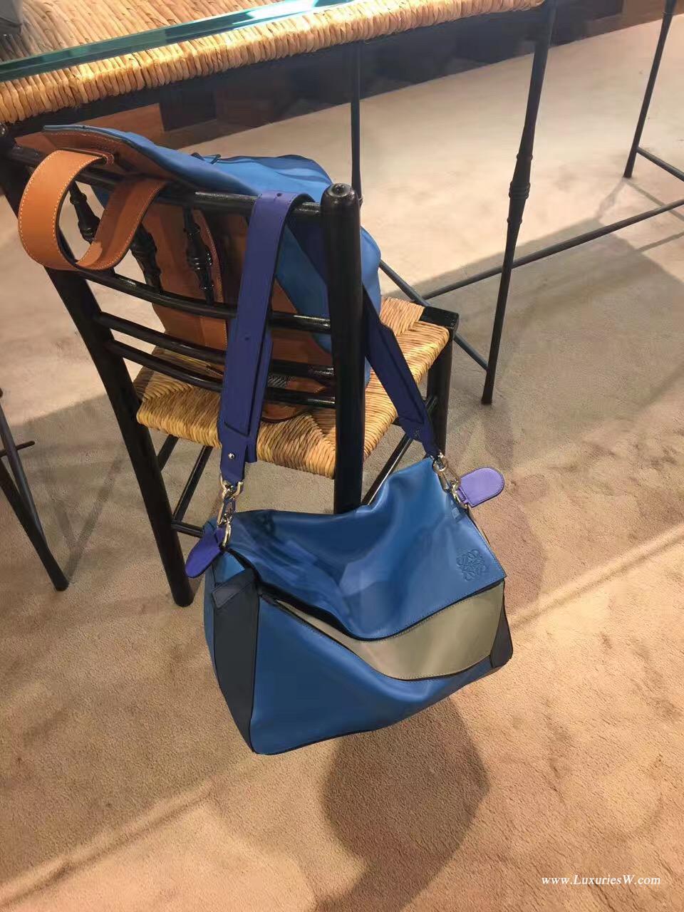 羅意威女包官網 LOEWE特大號 Puzzle Bag 深蓝色配灰色38cm 長方體形狀 折疊幾何包