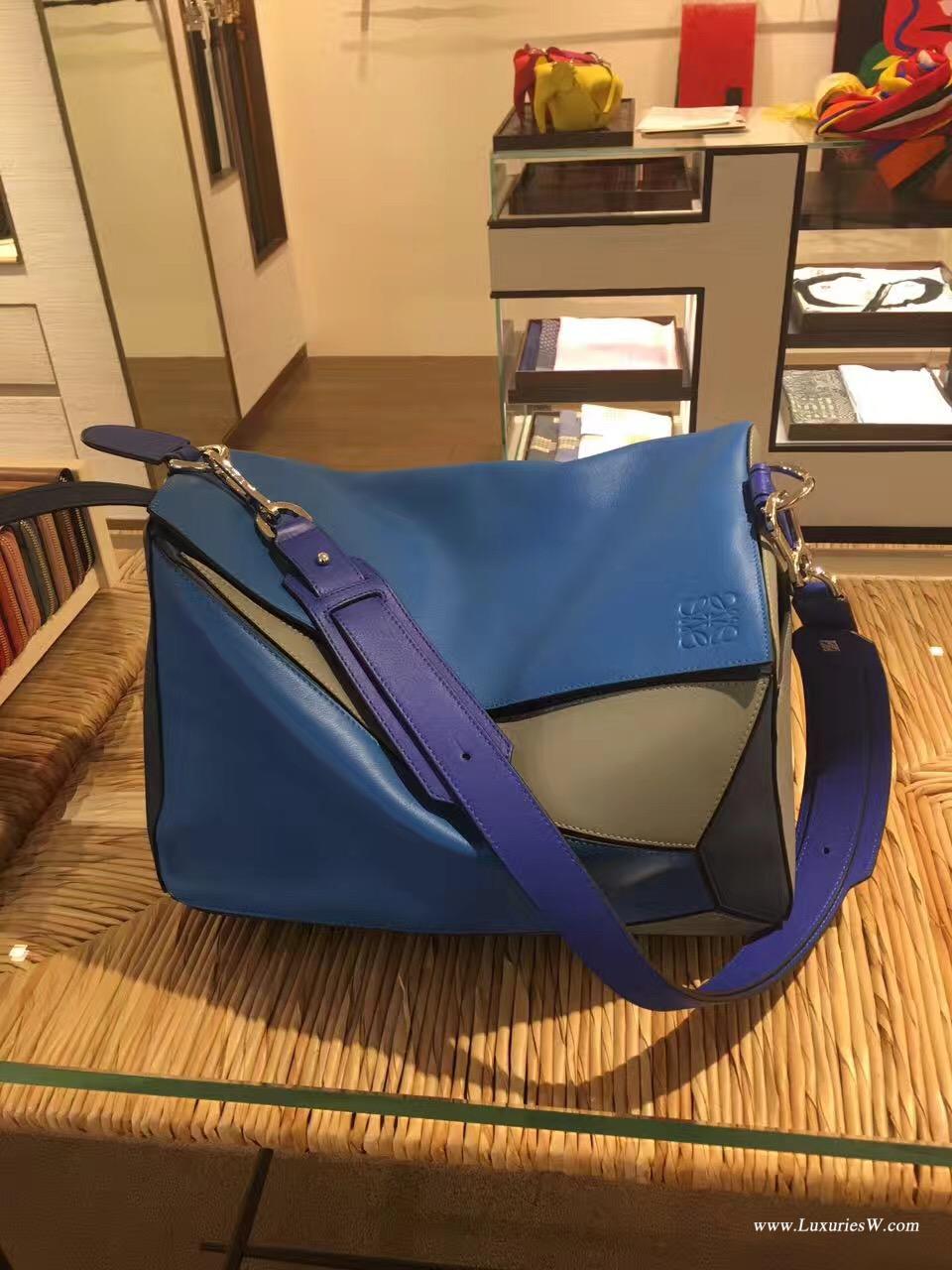 羅意威女包官網 LOEWE特大號 Puzzle Bag 深蓝色配灰色38cm 長方體形狀 折疊幾何包