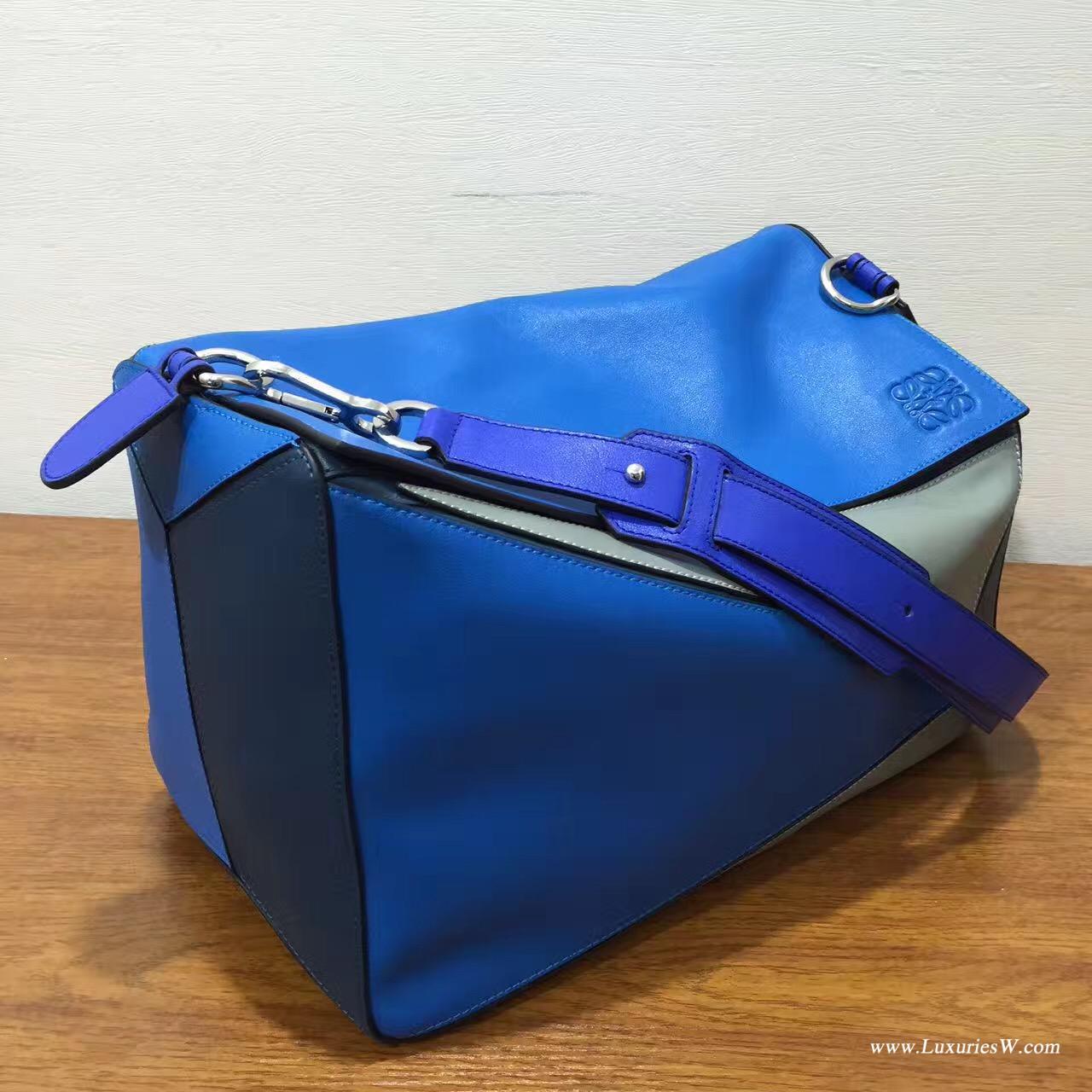 羅意威女包官網 LOEWE特大號 Puzzle Bag 深蓝色配灰色38cm 長方體形狀 折疊幾何包