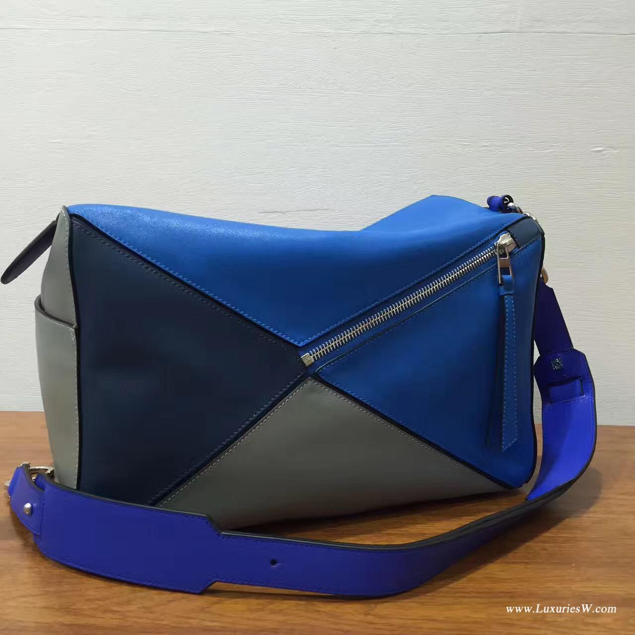 羅意威女包官網 LOEWE特大號 Puzzle Bag 深蓝色配灰色38cm 長方體形狀 折疊幾何包