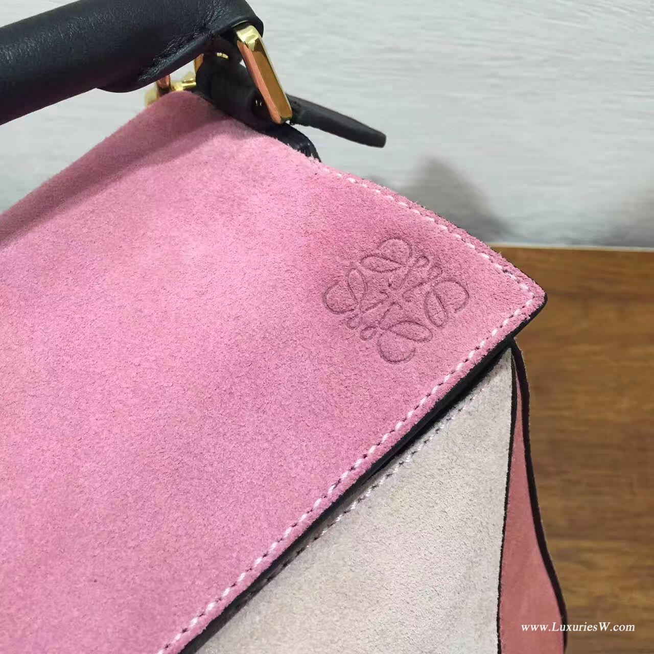 羅意威女包官網 LOEWE 中號 Puzzle Bag 磨砂粉色拼色 30cm折疊單肩手提幾何包