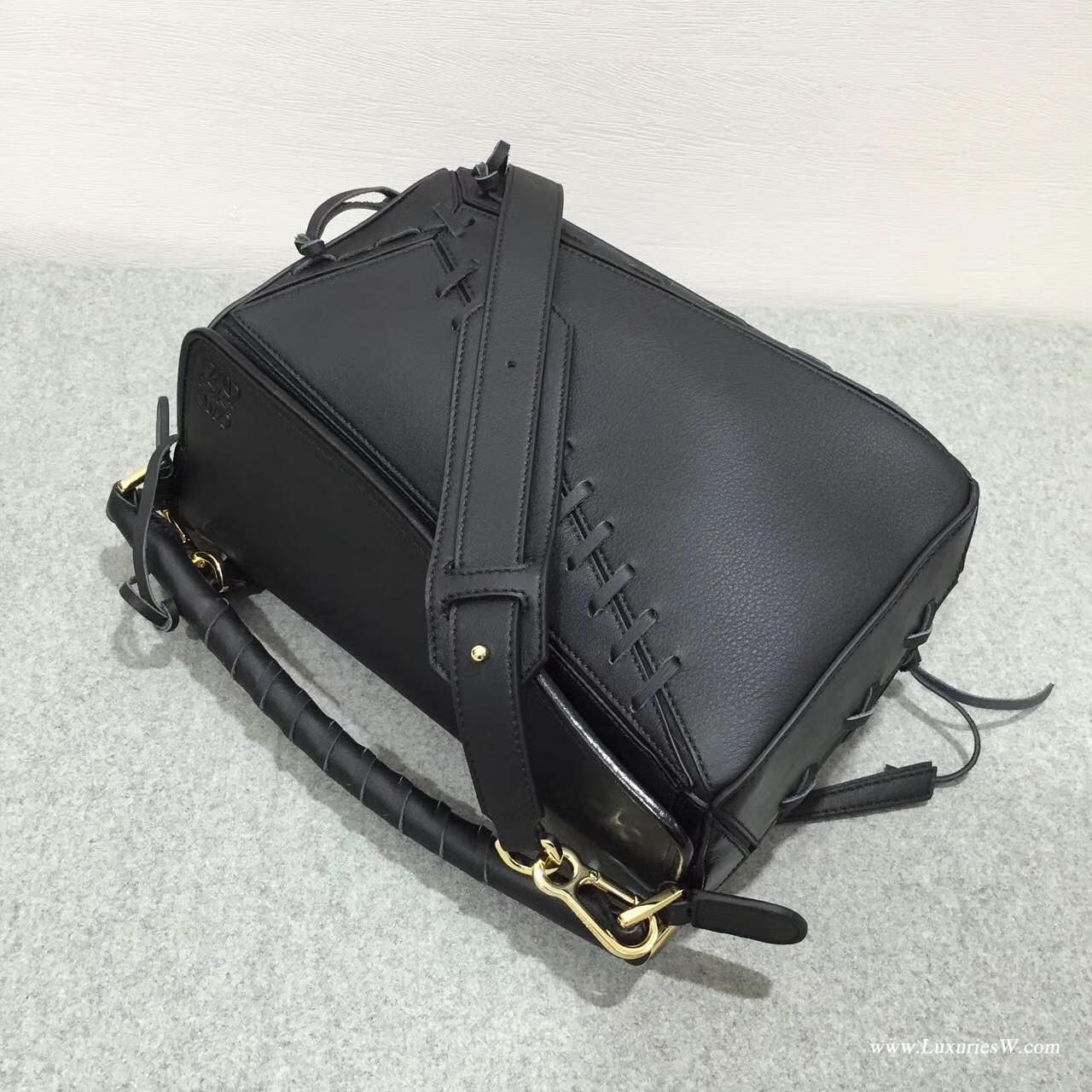 羅意威官網女包LOEWE Puzzle Laced Bag 黑色 長方體形狀雙色小牛皮手提折疊包包