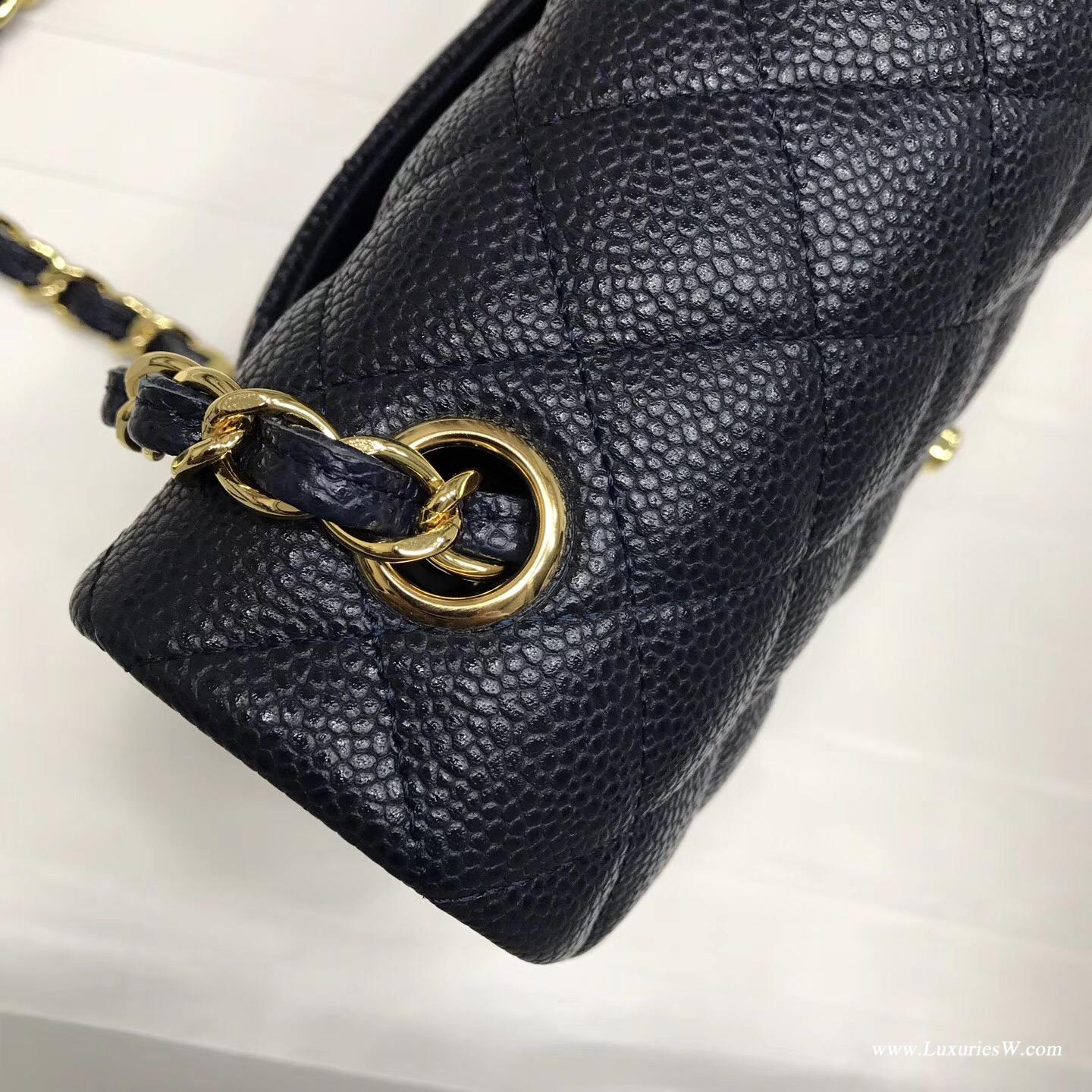 Mini Classic Flap bag 海军蓝色顆粒紋小牛皮 魚子醬菱格鏈條經典口蓋包