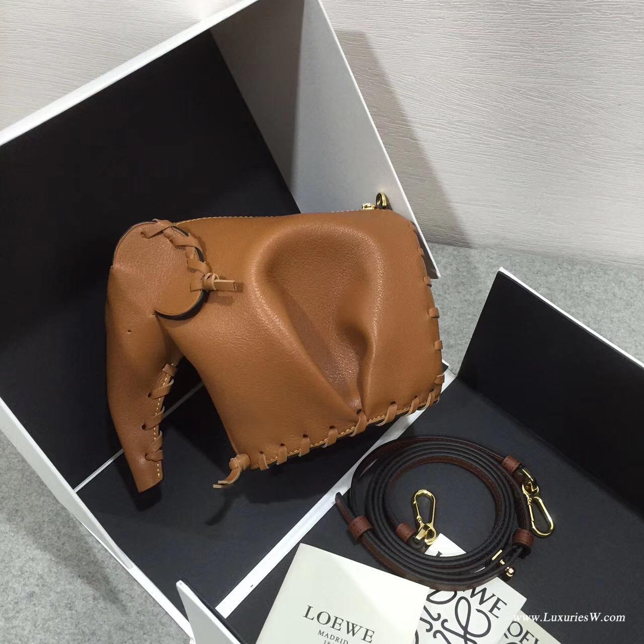 LOEWE女包 Animales Elephant Mini Bag Laced 棕色 形迷妳包小牛皮大象包