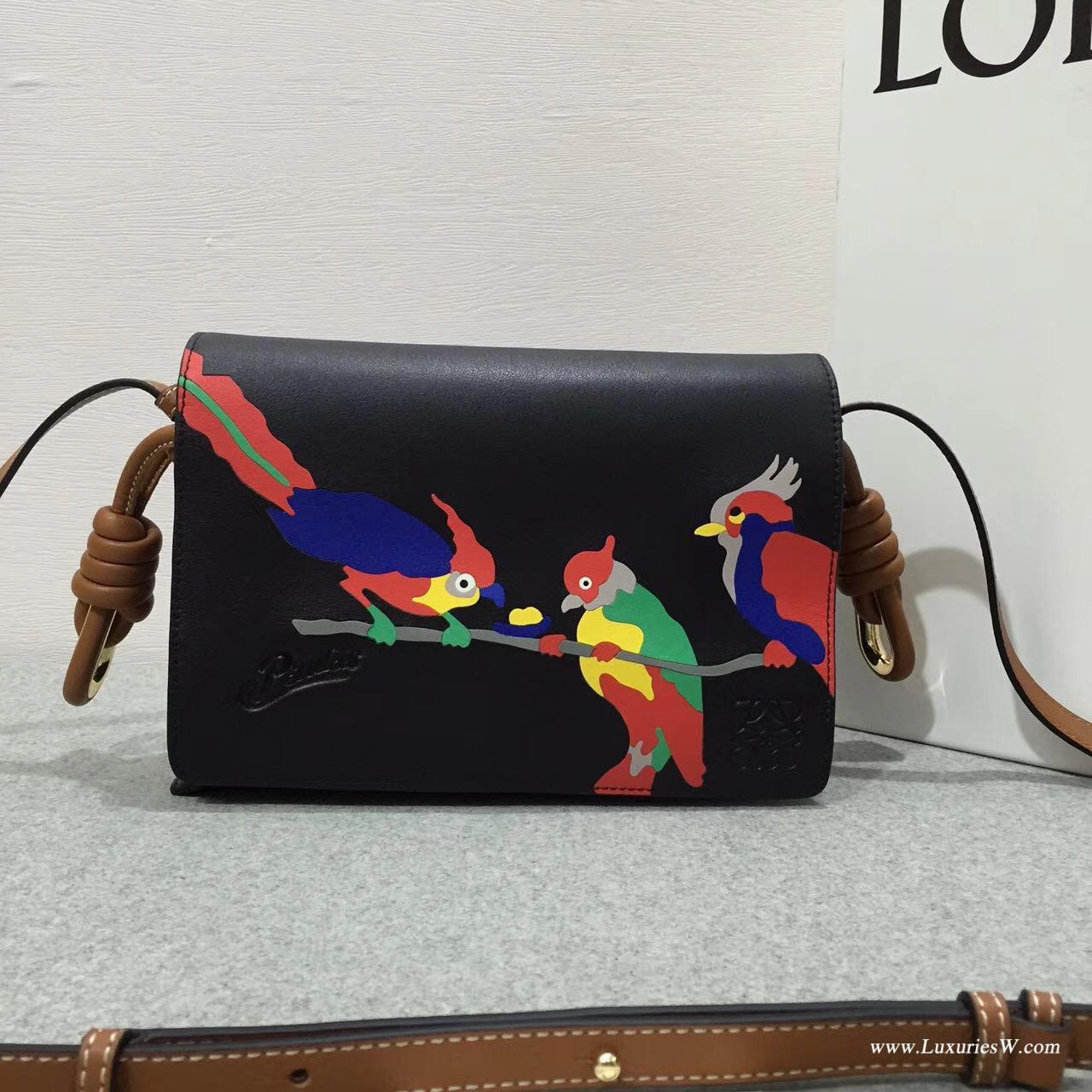 Loewe Flamenco flap Paula's Ibl  s bag黑色拼色小牛皮 印鸚鵡圖案