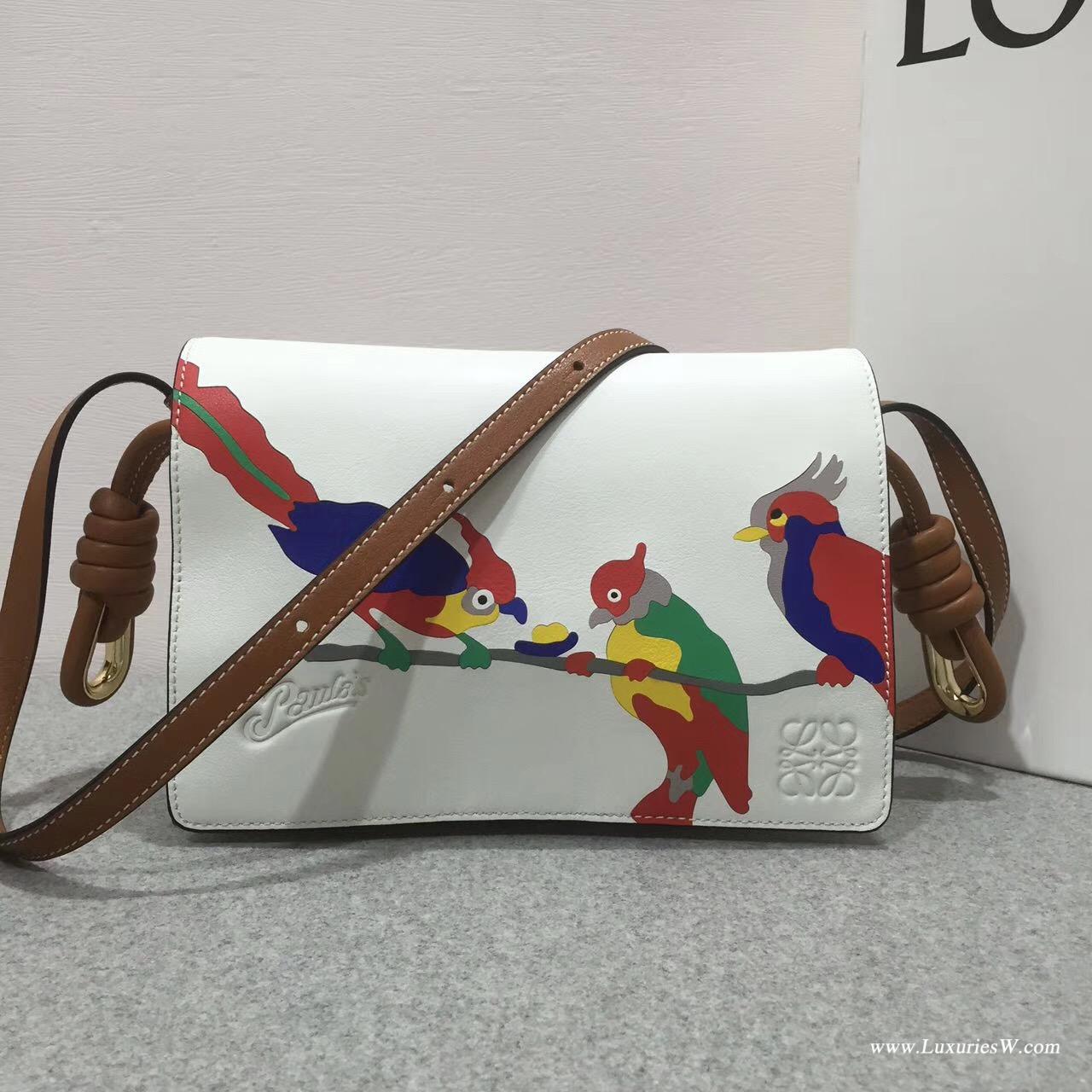 Loewe Flamenco  flap Paula's Ibl  s bag白色拼色小牛皮 印鸚鵡圖案