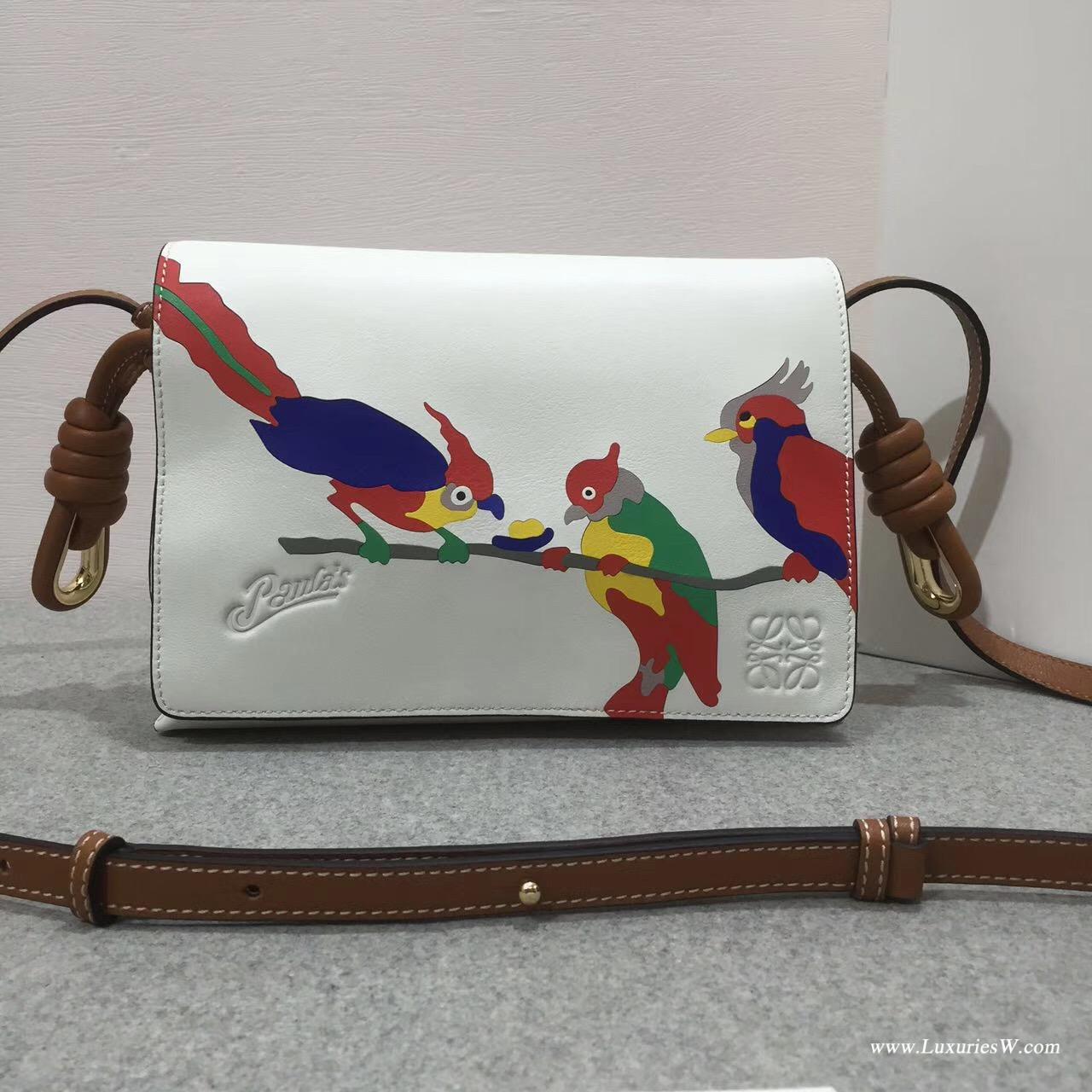 Loewe Flamenco  flap Paula's Ibl  s bag白色拼色小牛皮 印鸚鵡圖案