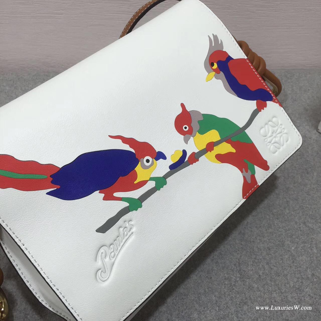 Loewe Flamenco  flap Paula's Ibl  s bag白色拼色小牛皮 印鸚鵡圖案