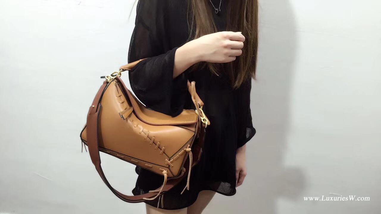 羅意威LOEWE女包 Puzzle Laced Bag 棕色 長方體形狀雙色小牛皮手提折疊包包
