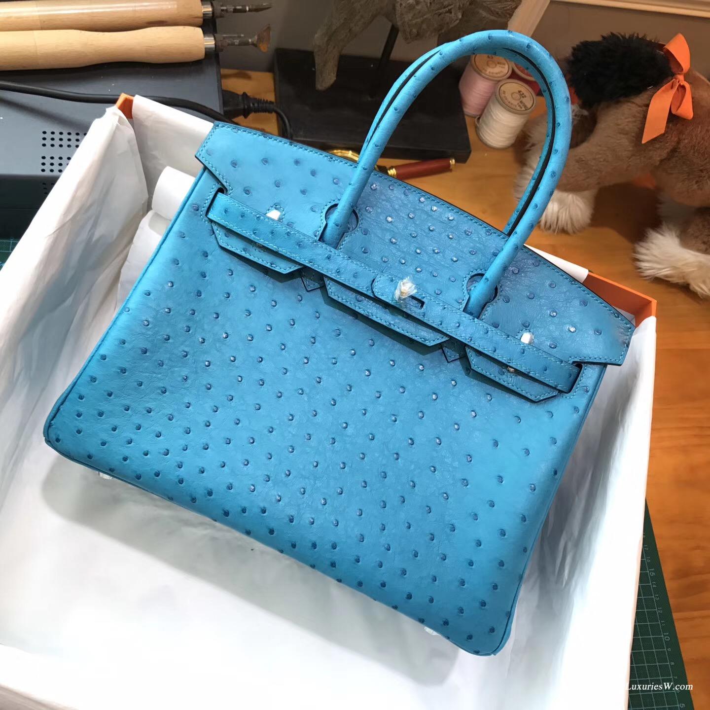 愛馬仕 鉑金包Hermes Birkin 30 鴕鳥 7C Cobalt珊瑚藍 銀扣