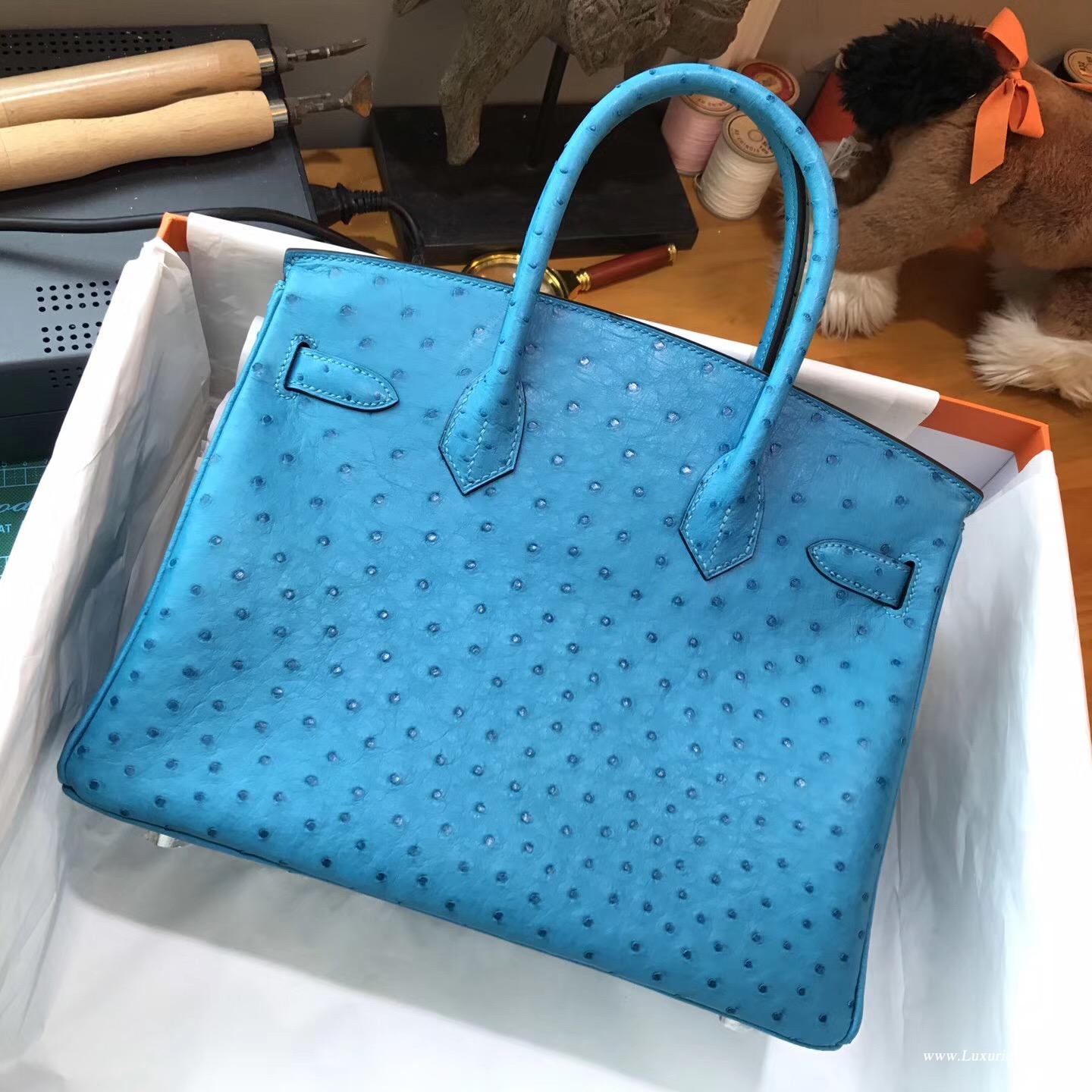 愛馬仕 鉑金包Hermes Birkin 30 鴕鳥 7C Cobalt珊瑚藍 銀扣