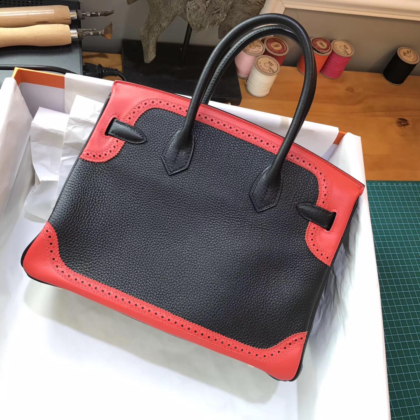 Hermes Birkin 30 togo CK89 Nior黑色 金扣蕾丝/Q5Rouge Cossacks国旗红金扣