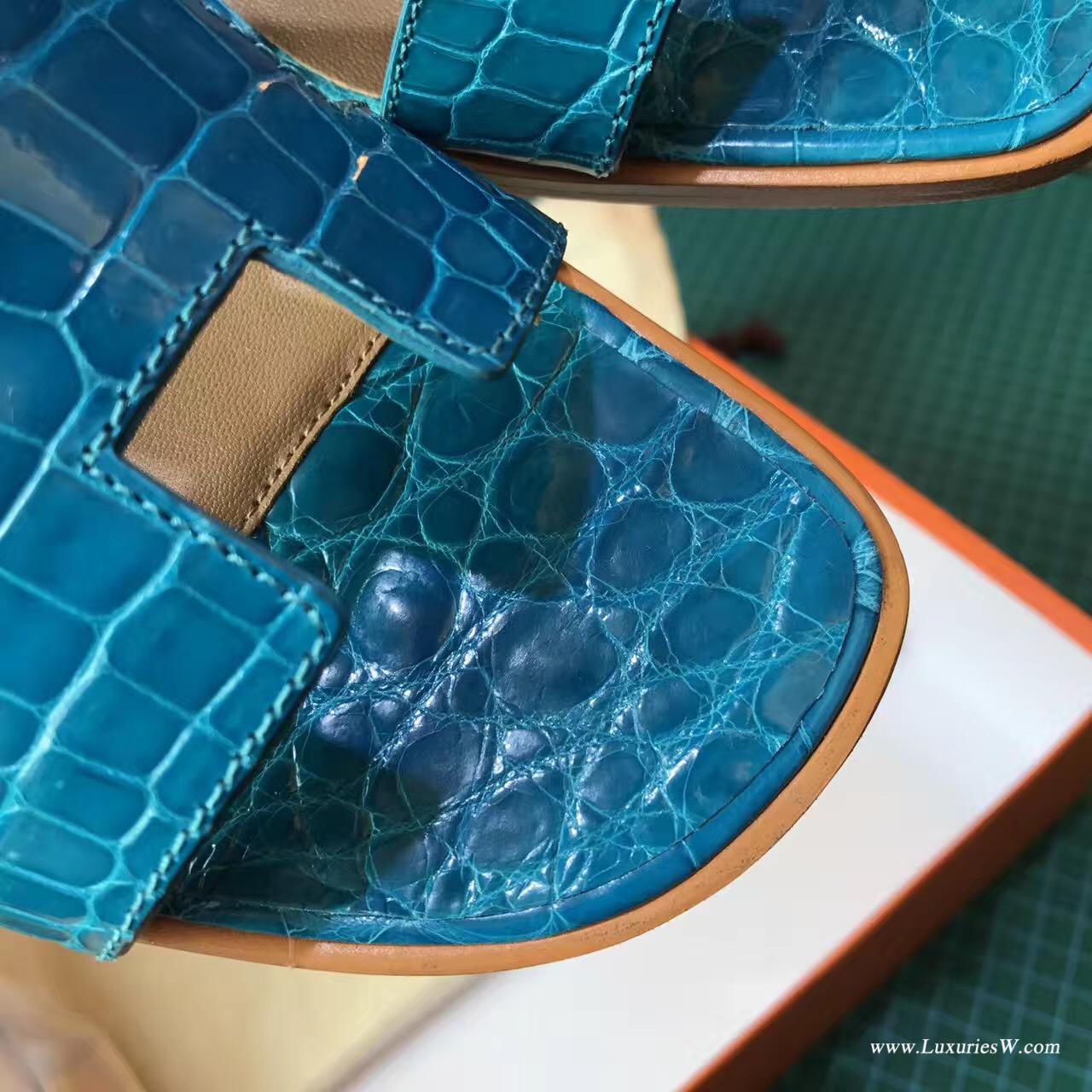 Hermes女士涼鞋 鱷魚霧面H型拖鞋 7W Blue Lzmir伊茲密爾藍平底涼拖鞋
