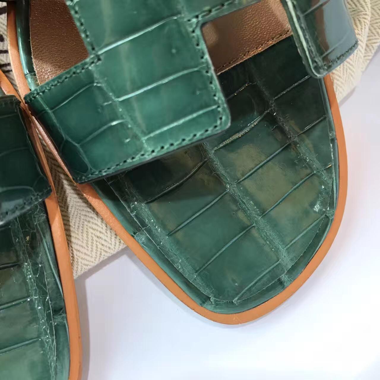 Hermes 女士涼鞋 鱷魚霧面H型拖鞋 2Q Vert Anglais 英國綠平底涼拖鞋