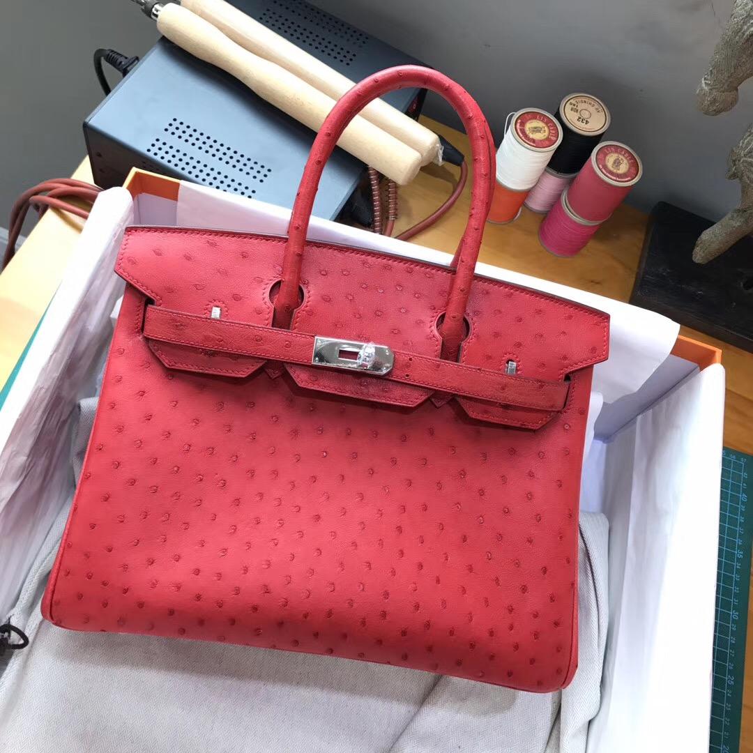 奢侈品包 鉑金包Birkin 30cm 鴕鳥Q5 Rouge Cossacks 中國紅銀扣