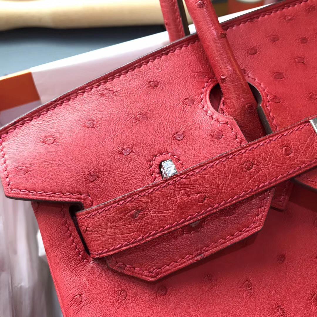 奢侈品包 鉑金包Birkin 30cm 鴕鳥Q5 Rouge Cossacks 中國紅銀扣