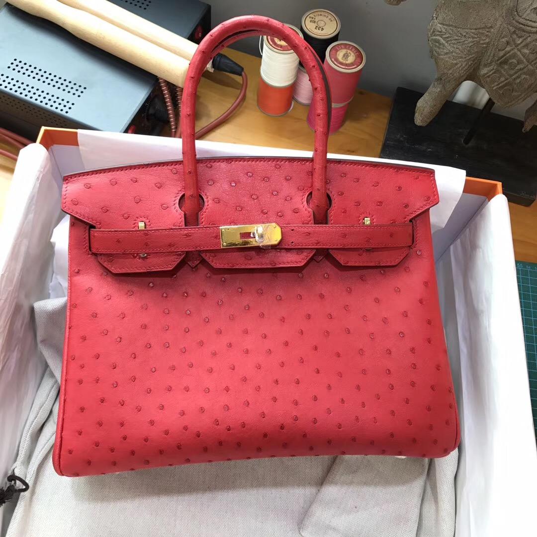 奢侈品包包 鉑金包Birkin 30cm 鴕鳥Q5 Rouge Cossacks 中國紅金扣