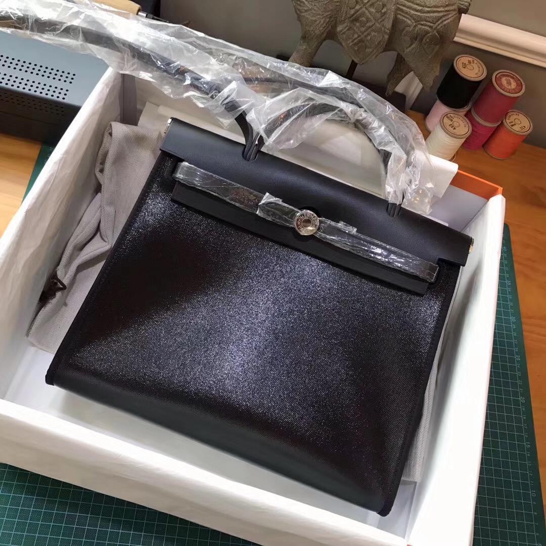 愛馬仕學院派包袋Herbag 31cm CK89 Nior 黑色配米白色麻布最新搭配