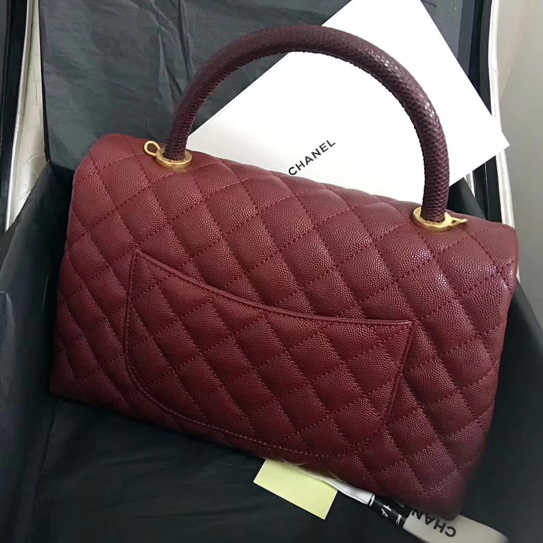 小香復古手提包coco handle bag 中號28cm 小牛皮酒紅色 蜥蜴皮手柄