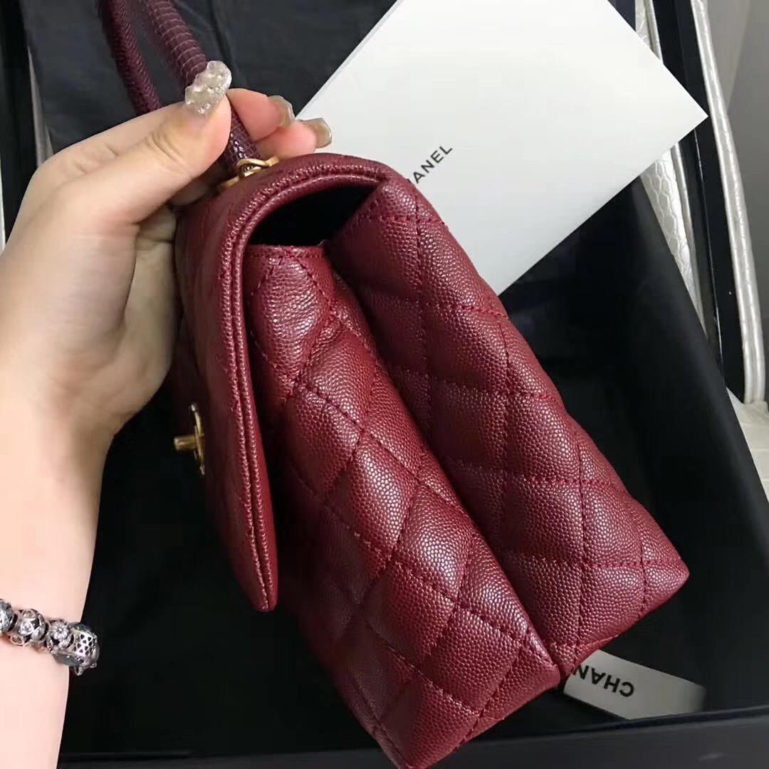 小香復古手提包coco handle bag 中號28cm 小牛皮酒紅色 蜥蜴皮手柄