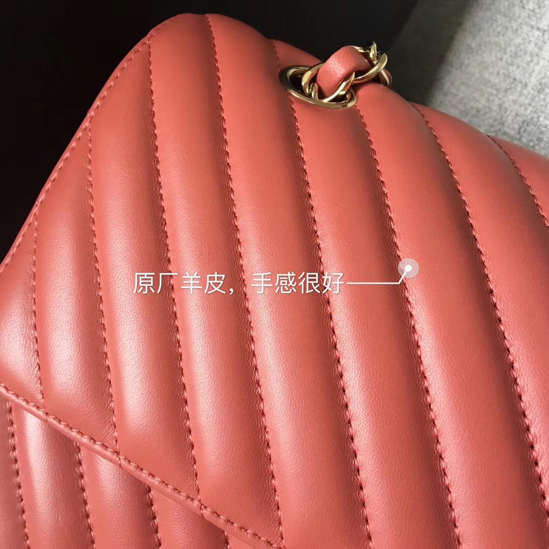 小香經典口蓋包Classic Flap Bag 原廠羊皮 棕红色 V形縫線金色金屬鏈條