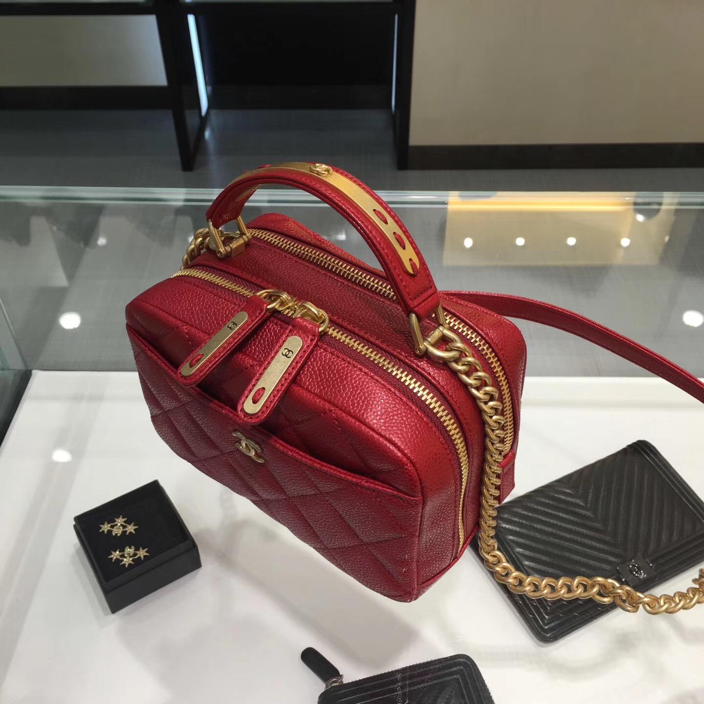 Chanel bowling bag 2017款小號保齡球包 大紅色 小牛皮魚子醬紋