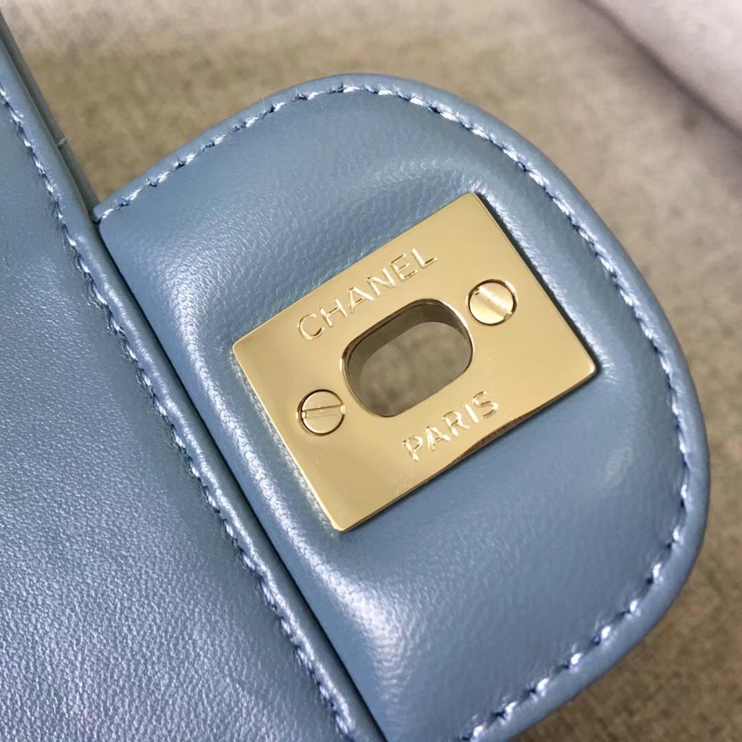 小香經典口蓋包Classic Flap Bag 原廠羊皮雾霾蓝色 V形縫線 金色金屬鏈條