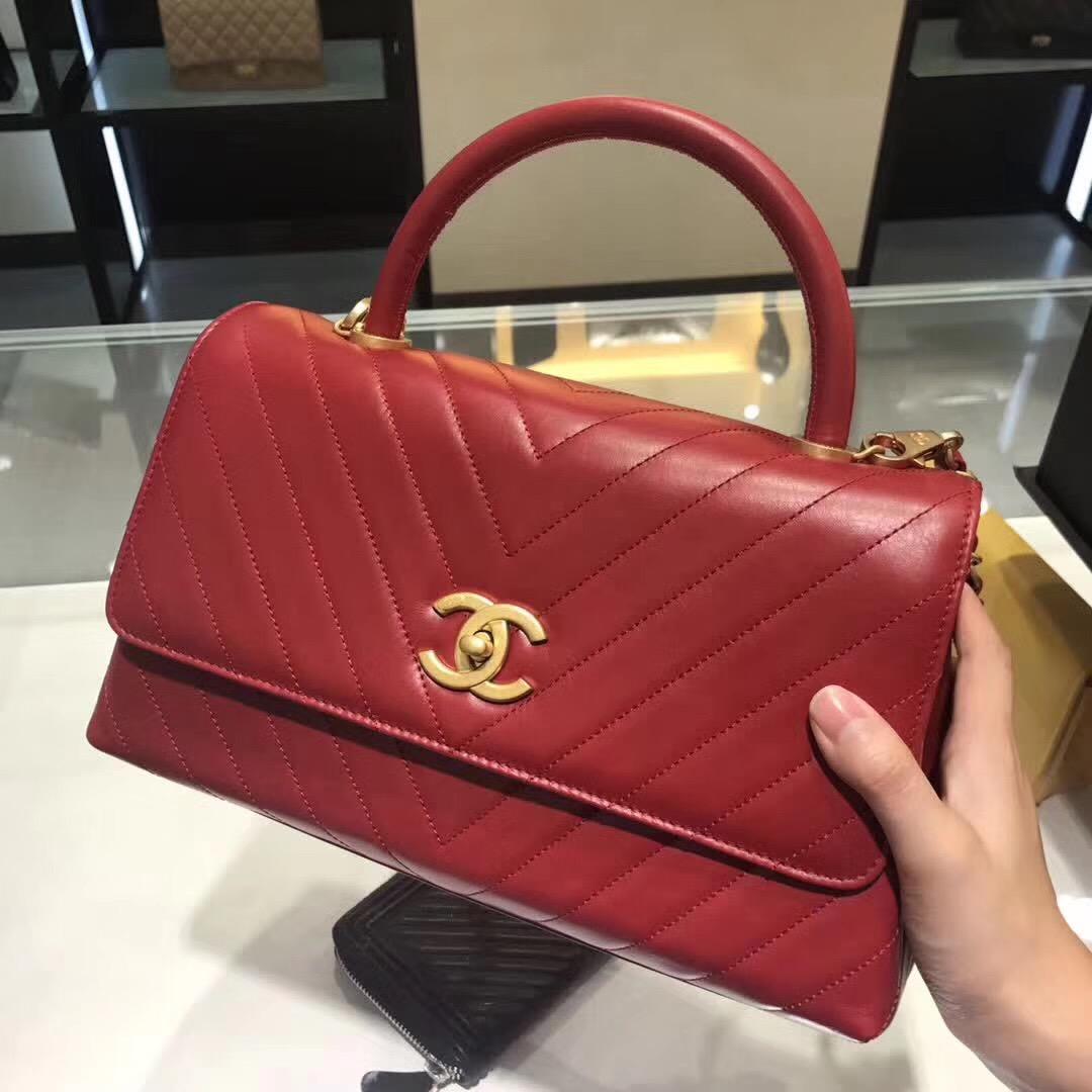 小香復古 红色油臘皮手提包coco handle bag 中號28cm