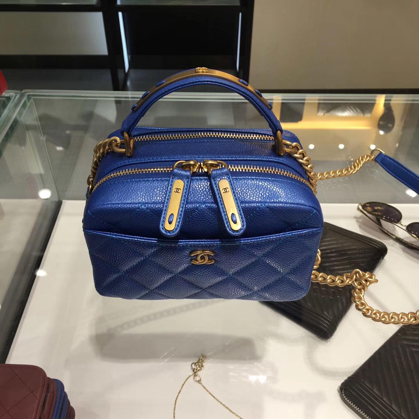 Chanel bowling bag 小號保齡球包原廠 藍色 小牛皮魚子醬紋
