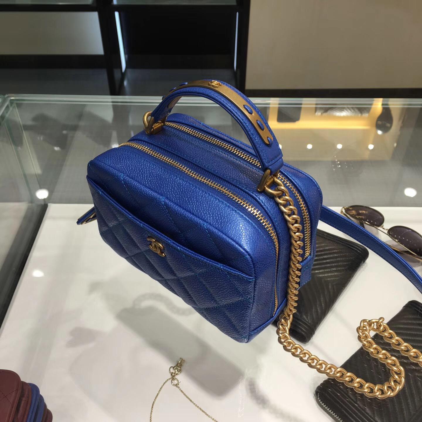Chanel bowling bag 小號保齡球包原廠 藍色 小牛皮魚子醬紋