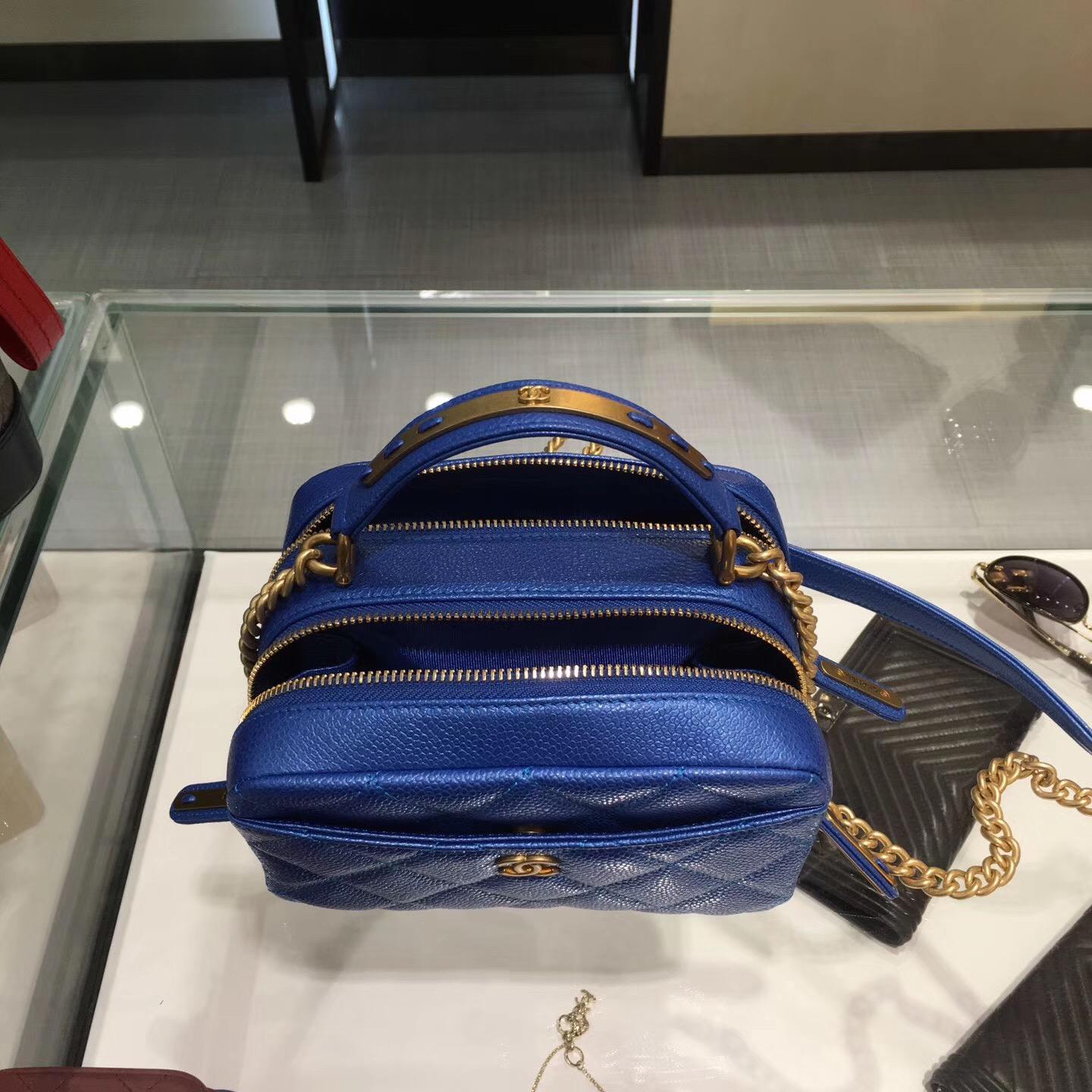 Chanel bowling bag 小號保齡球包原廠 藍色 小牛皮魚子醬紋