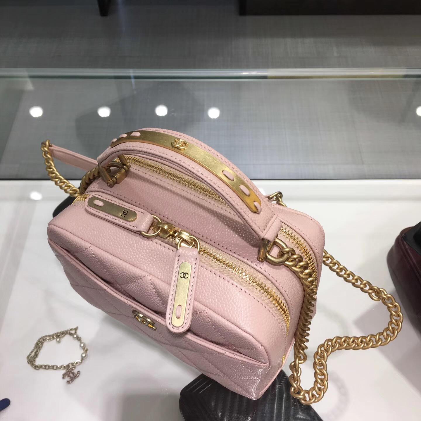 Chanel bowling bag保齡球包進口原廠粉色 小牛皮魚子醬紋
