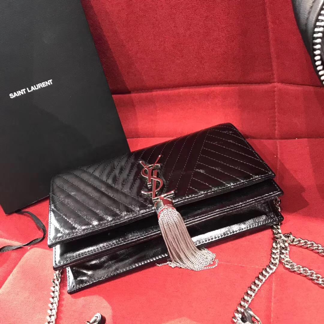 Saint Laurent KATE黑色條紋真皮鏈條流蘇錢包 MONOGRAM SAINT LAURENT