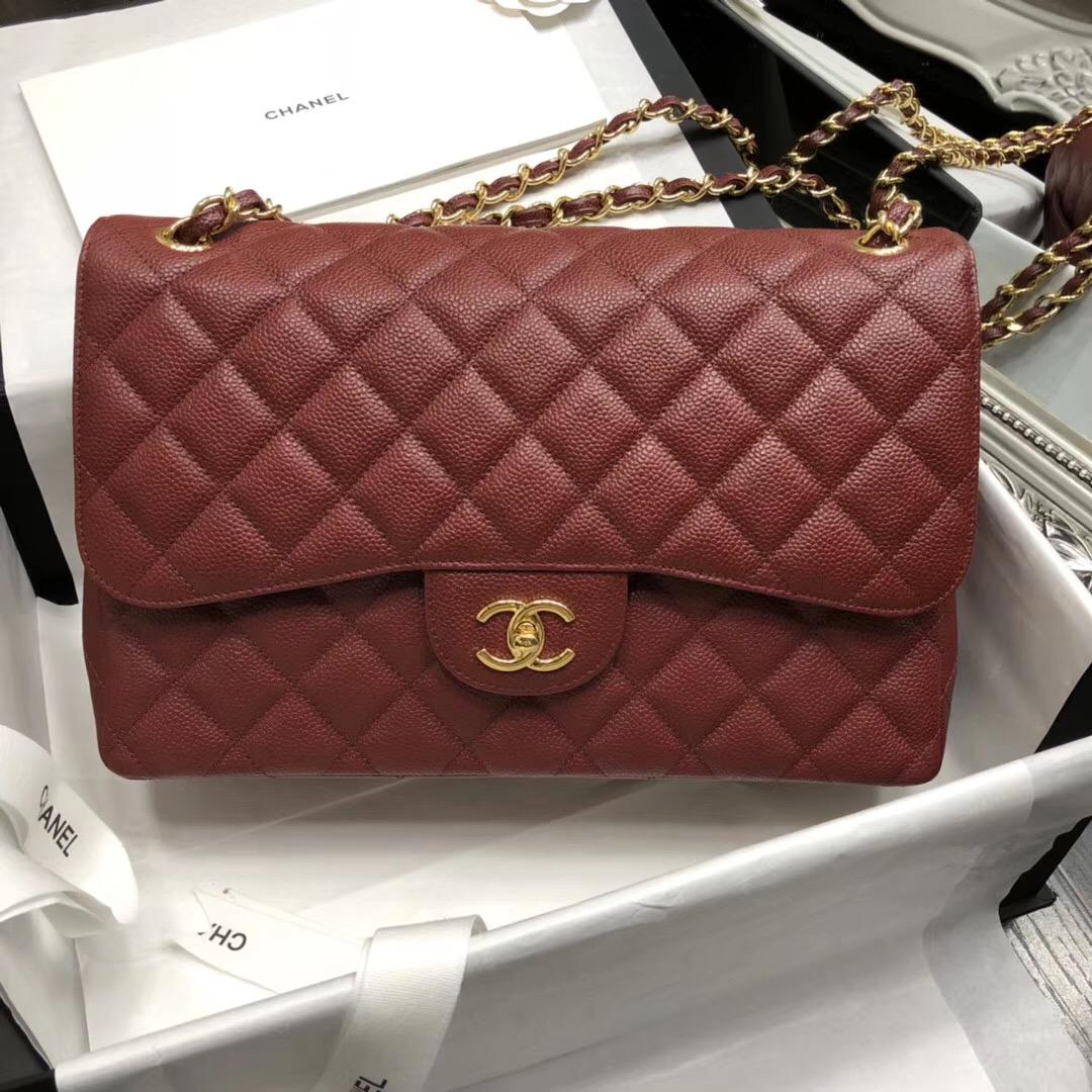 Chane.' Classic Flap Bag A58600大號口蓋包 酒紅色顆粒小牛皮