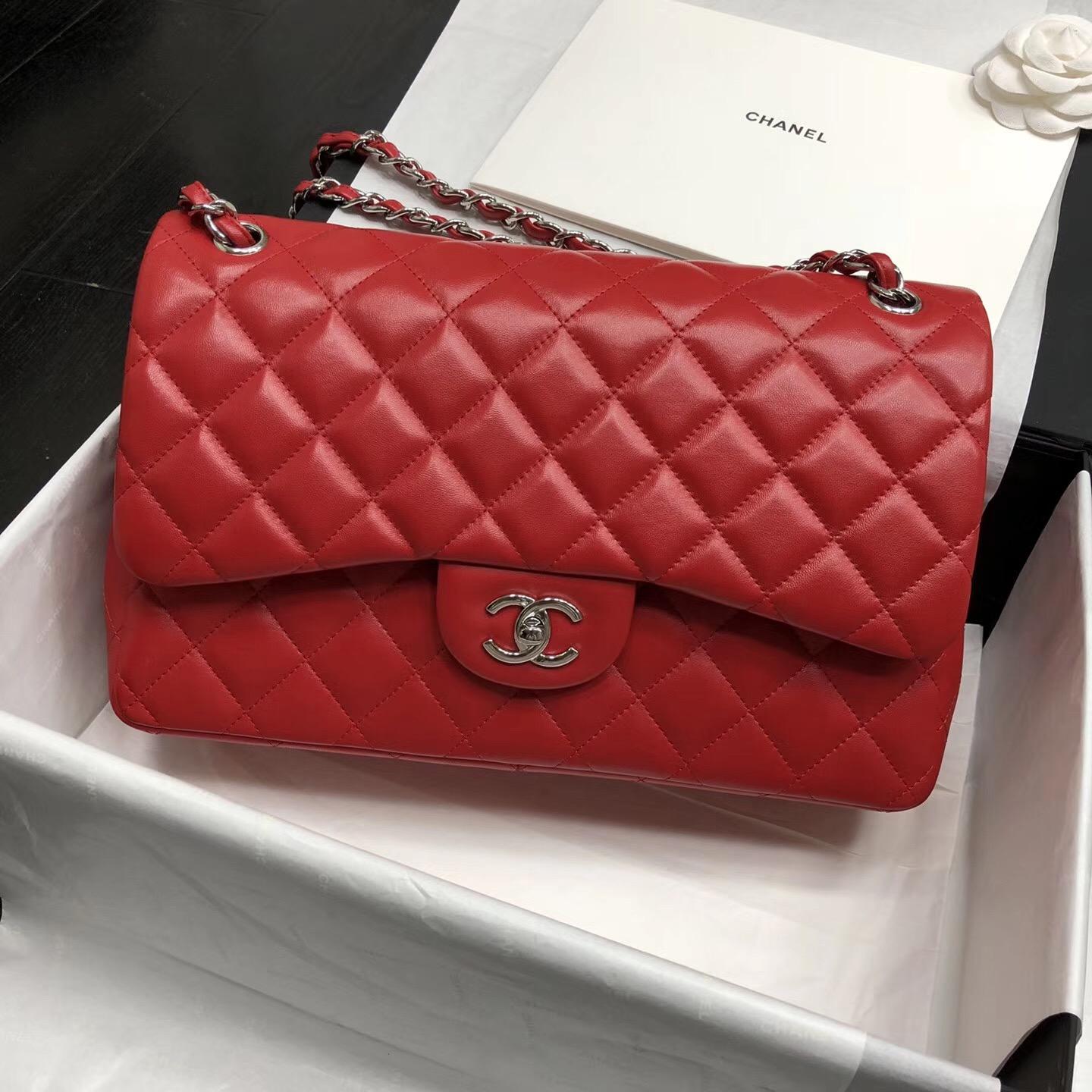 Chane. Classic Flap Bag A58600大號經典口蓋包 红色小羊皮金色