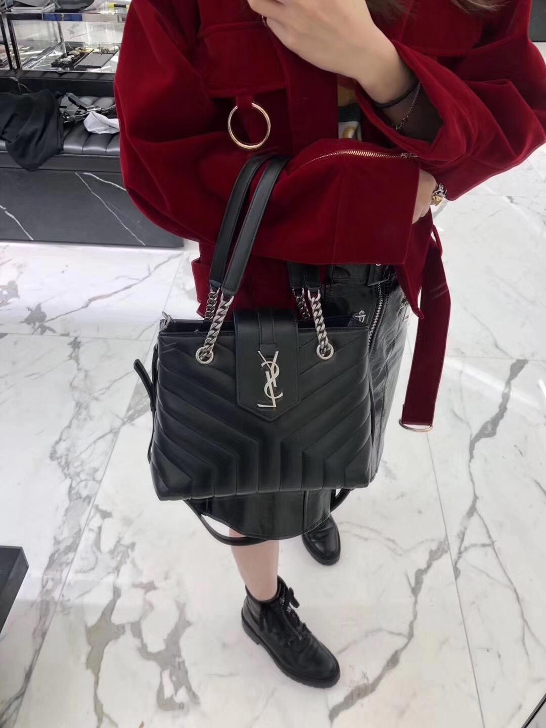 YSL LOULOU小號黑色Y形絎縫真皮購物袋,MONOGRAMME SAINT LAURENT